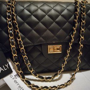 Chiara Farretti Italian Quilted Black Leather Crossbody Purse with Gold Hardware